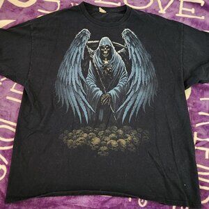 Vintage Y2K Winged Grim Reaper Tshirt Skulls Graveyard Grunge Size 2XL Gildan